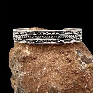 Joe Delgarito Navajo Native American Sterling Silver Tooled Cuff Bracelet 6.75"